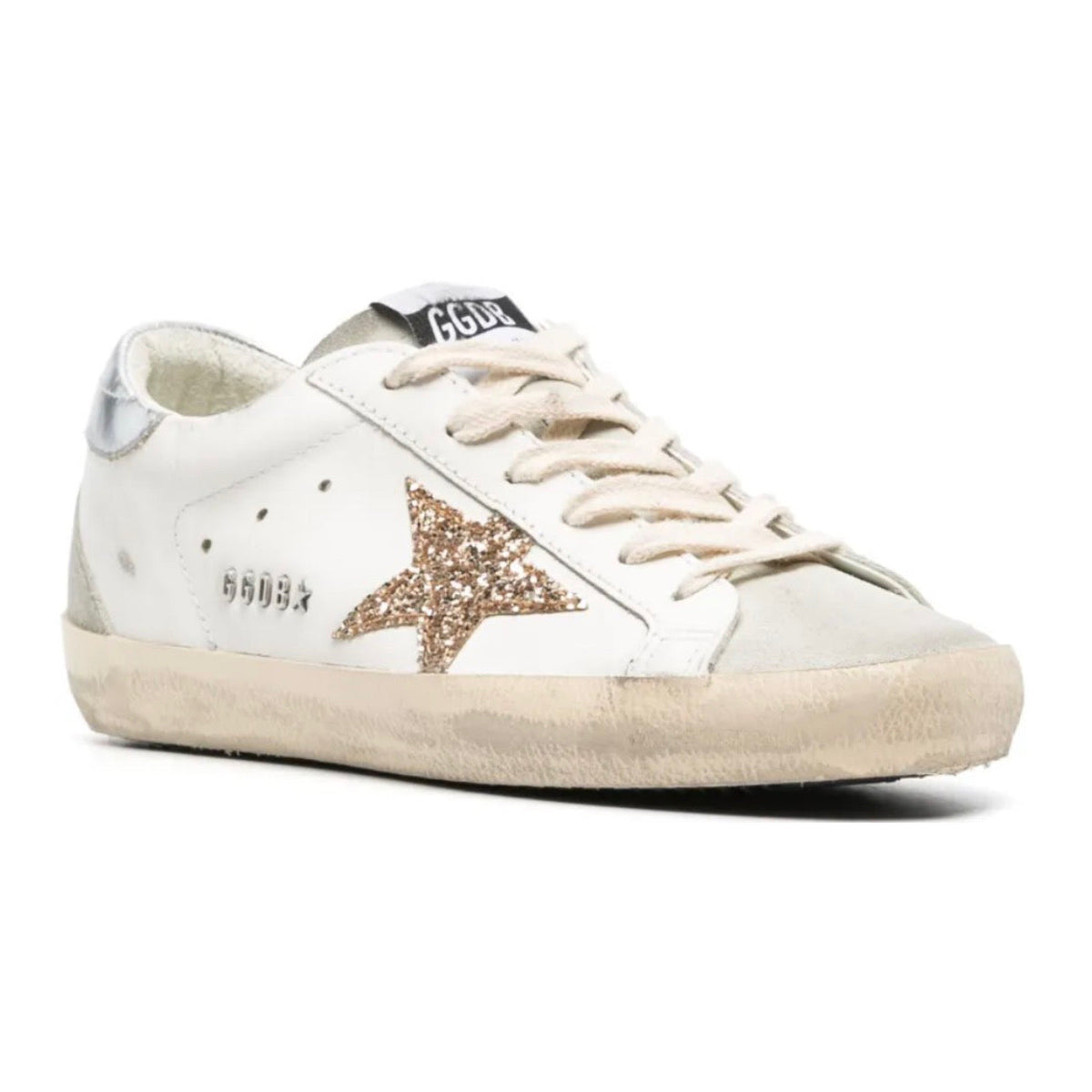 Golden Goose Super-Star trainers with gold glitter star and ice-gray suede inserts