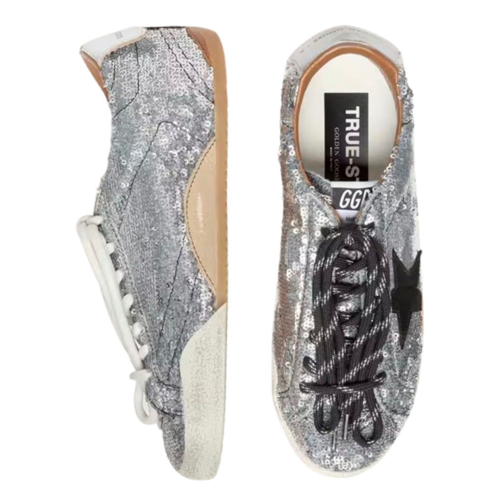 Golden Goose Women's True-Star in silver sequins with black star and silver leather heel tab