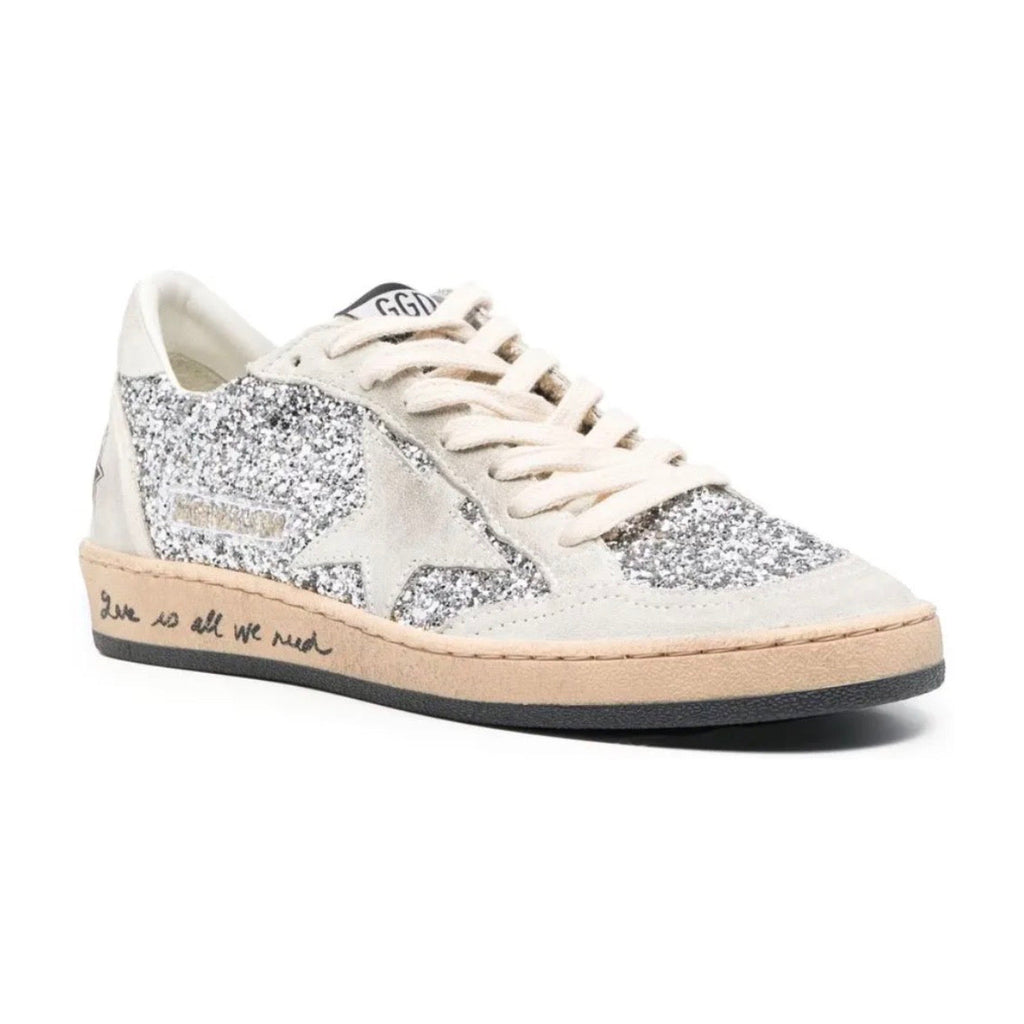 Golden Goose Ball Star trainers in silver glitter with ice-gray suede inserts
