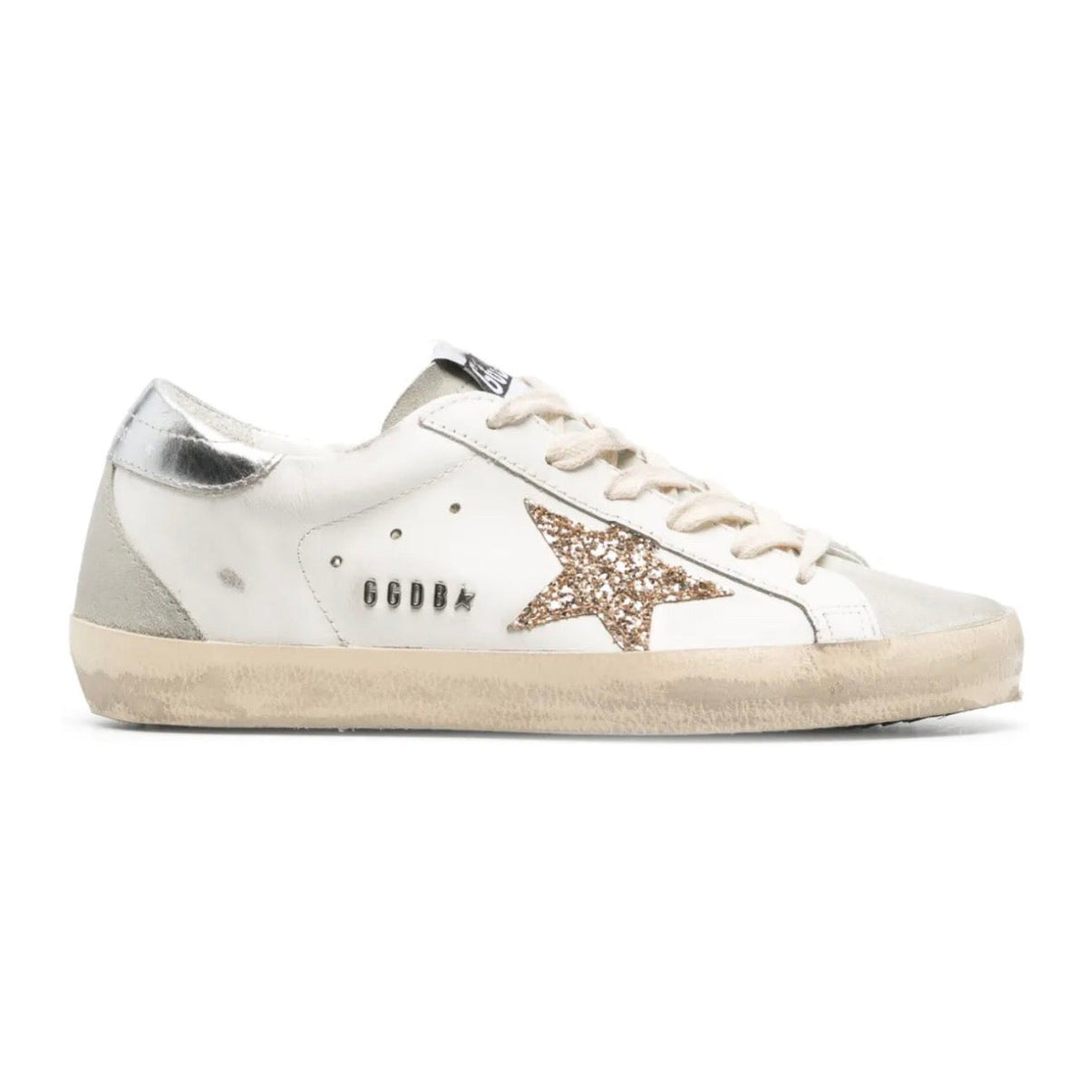 Golden Goose Super-Star trainers with gold glitter star and ice-gray suede inserts
