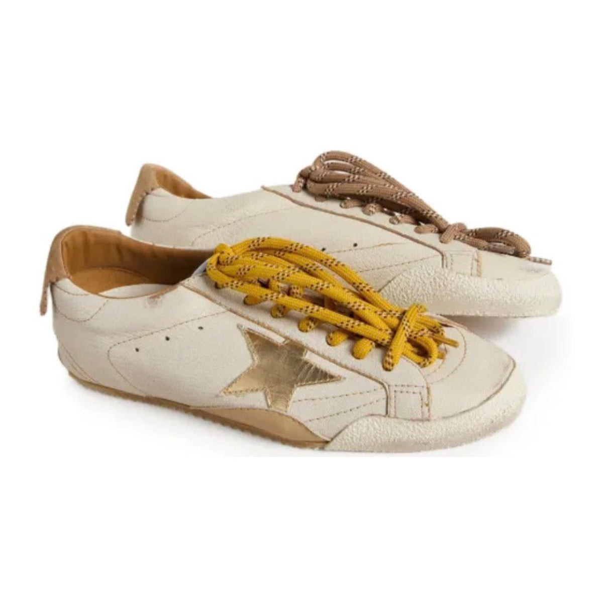 Golden Goose True-Star trainers in white nappa leather with gold star and beige suede heels tab