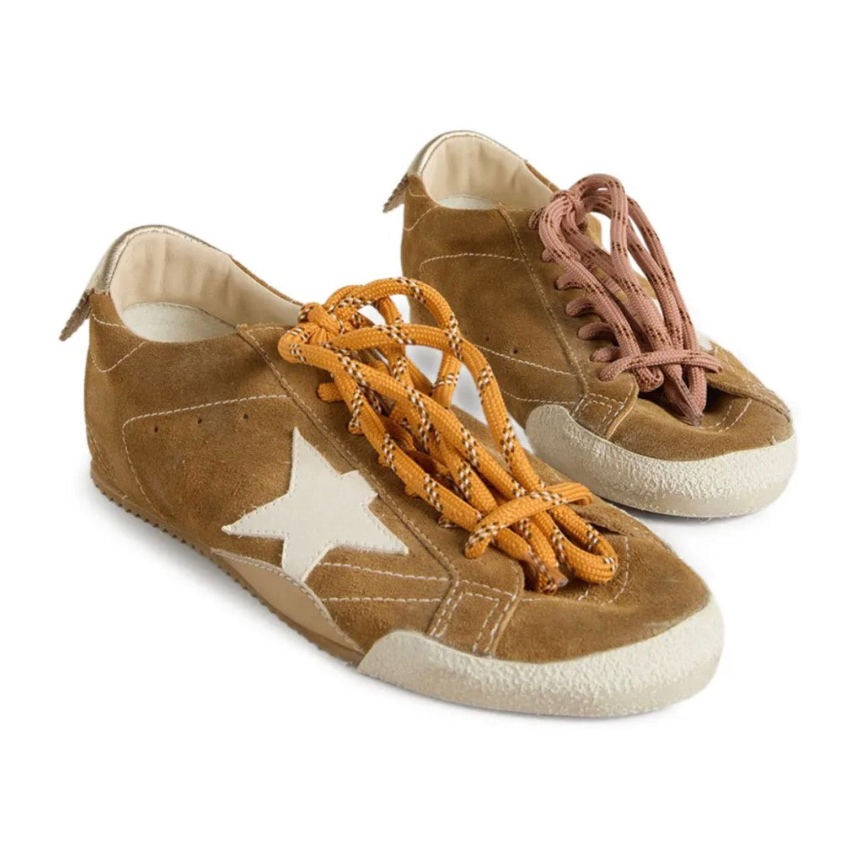 Golden Goose True-Star trainers in tobacco-colored suede with white star and platinum heels tab