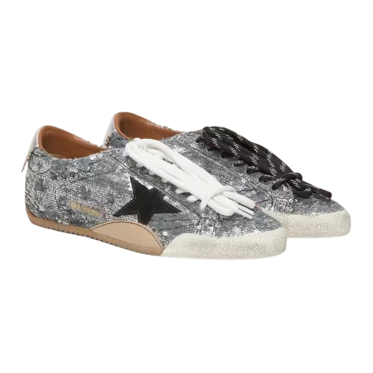 Golden Goose Women's True-Star in silver sequins with black star and silver leather heel tab
