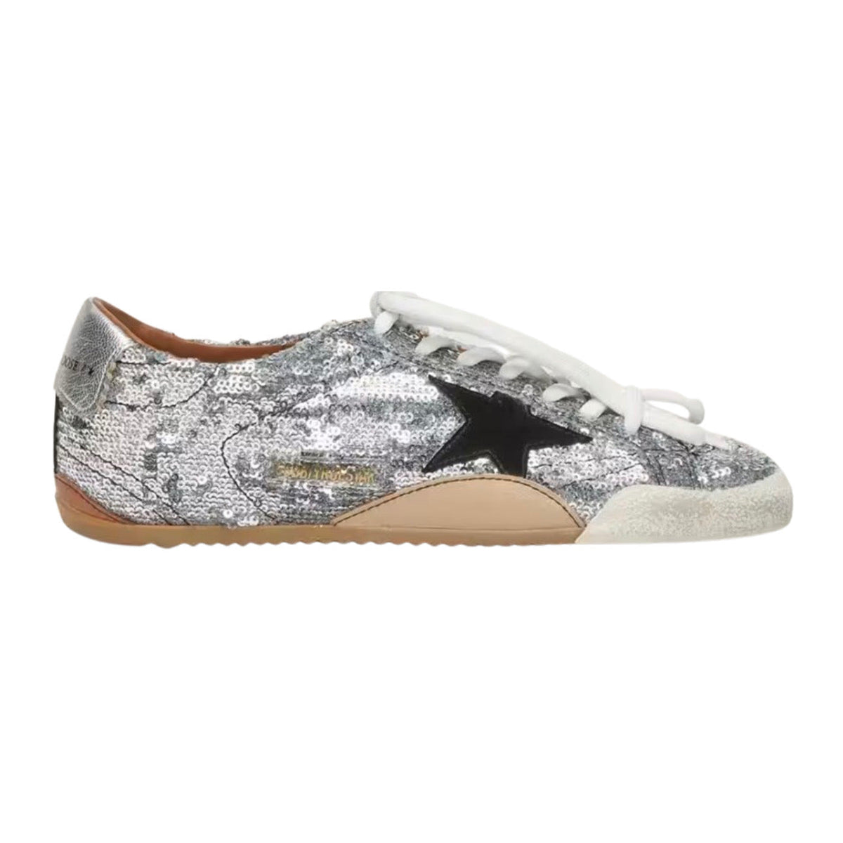Golden Goose Women's True-Star in silver sequins with black star and silver leather heel tab