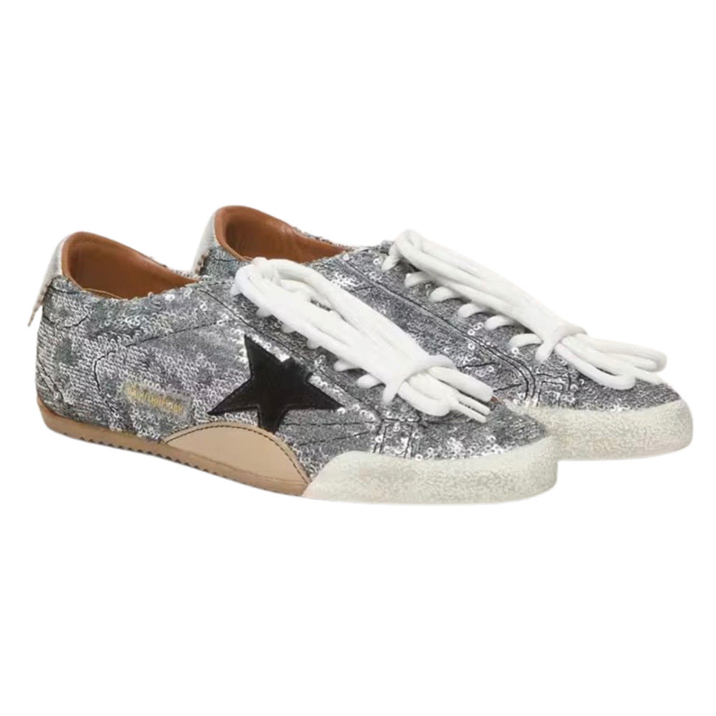 Golden Goose Women's True-Star in silver sequins with black star and silver leather heel tab