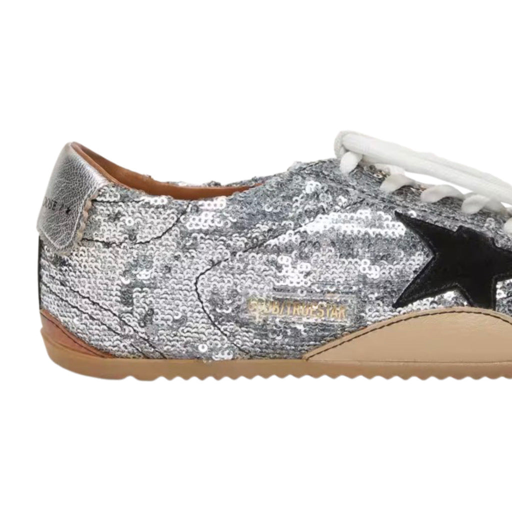 Golden Goose Women's True-Star in silver sequins with black star and silver leather heel tab
