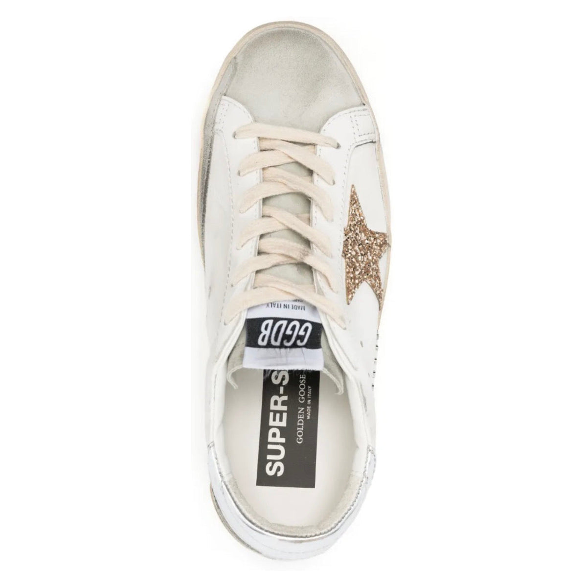 Golden Goose Super-Star trainers with gold glitter star and ice-gray suede inserts