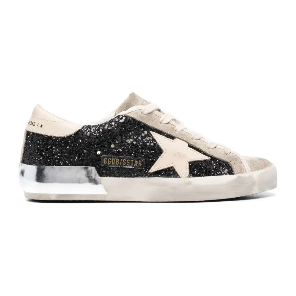 Golden Goose Super-Star trainers in black glitter with cream star and suede inserts