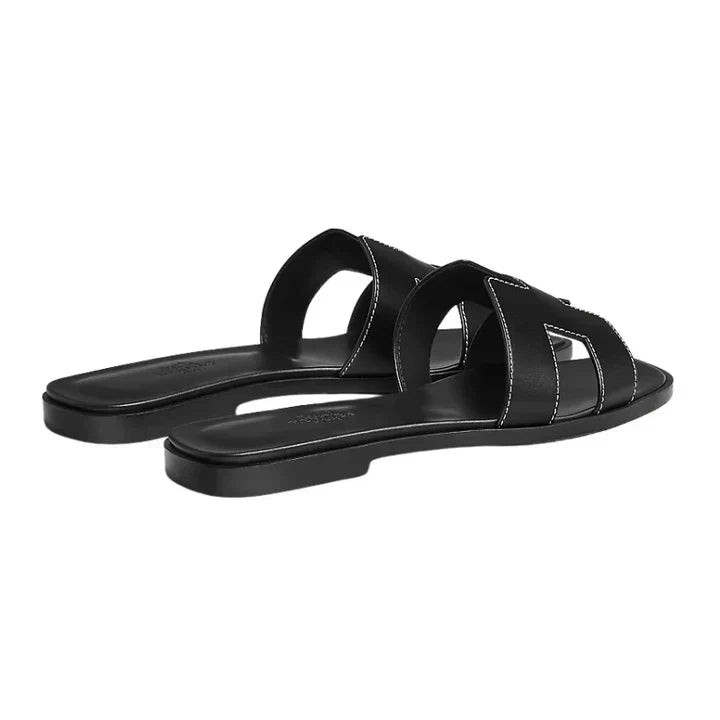 Hermes Oran Sandal Black Calfskin – White Top Stitch Flat Shoes