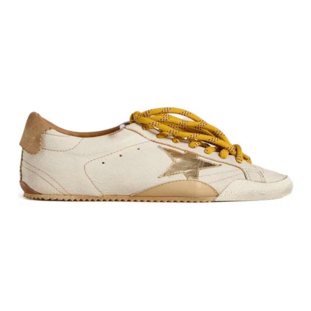 Golden Goose True-Star trainers in white nappa leather with gold star and beige suede heels tab