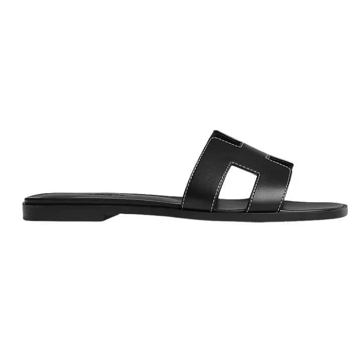 Hermes Oran Sandal Black Calfskin – White Top Stitch Flat Shoes
