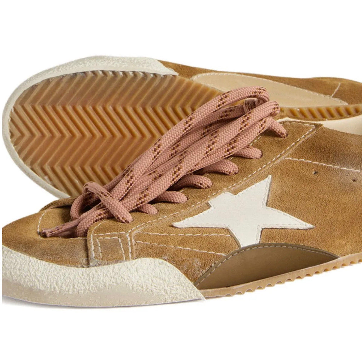 Golden Goose True-Star trainers in tobacco-colored suede with white star and platinum heels tab