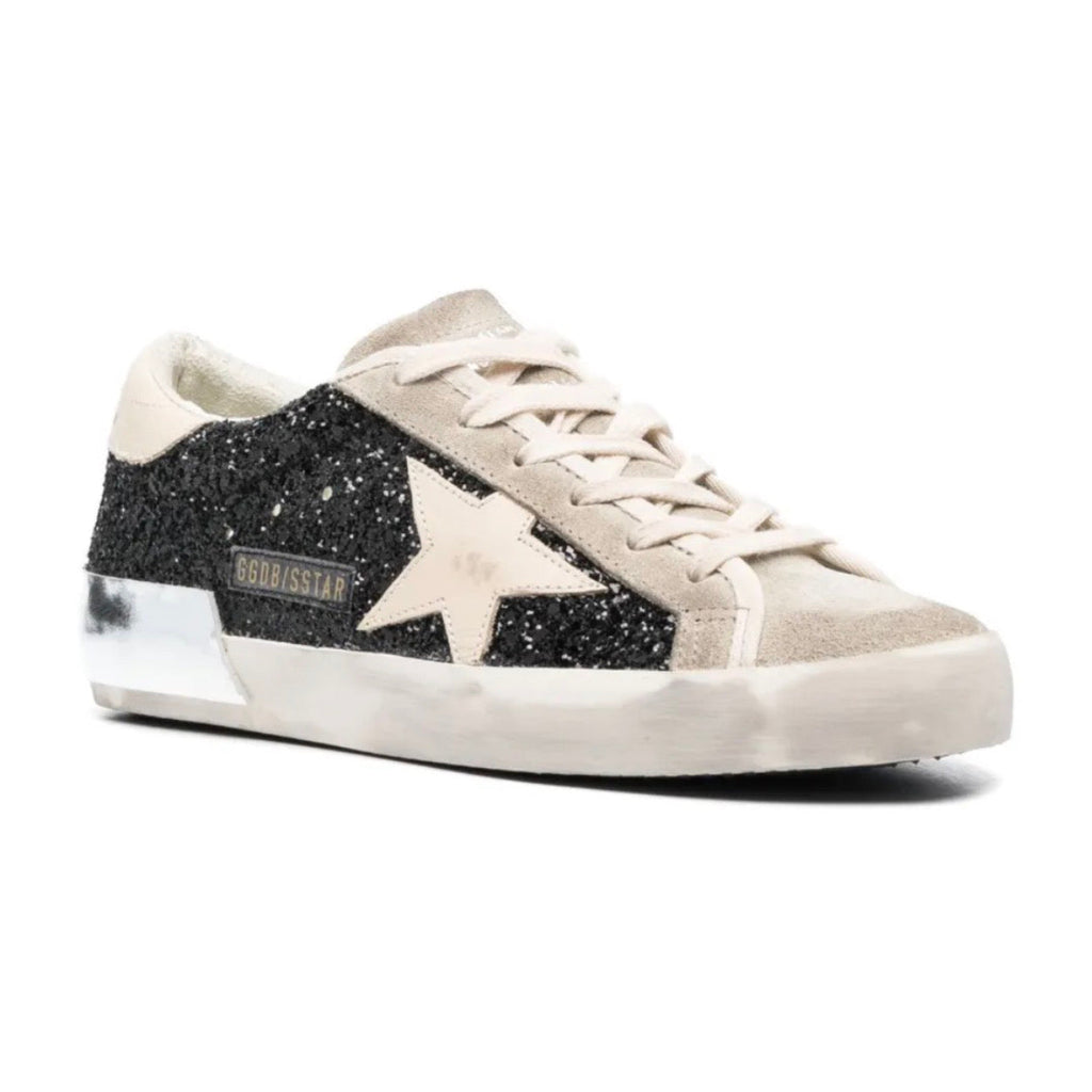 Golden Goose Super-Star trainers in black glitter with cream star and suede inserts