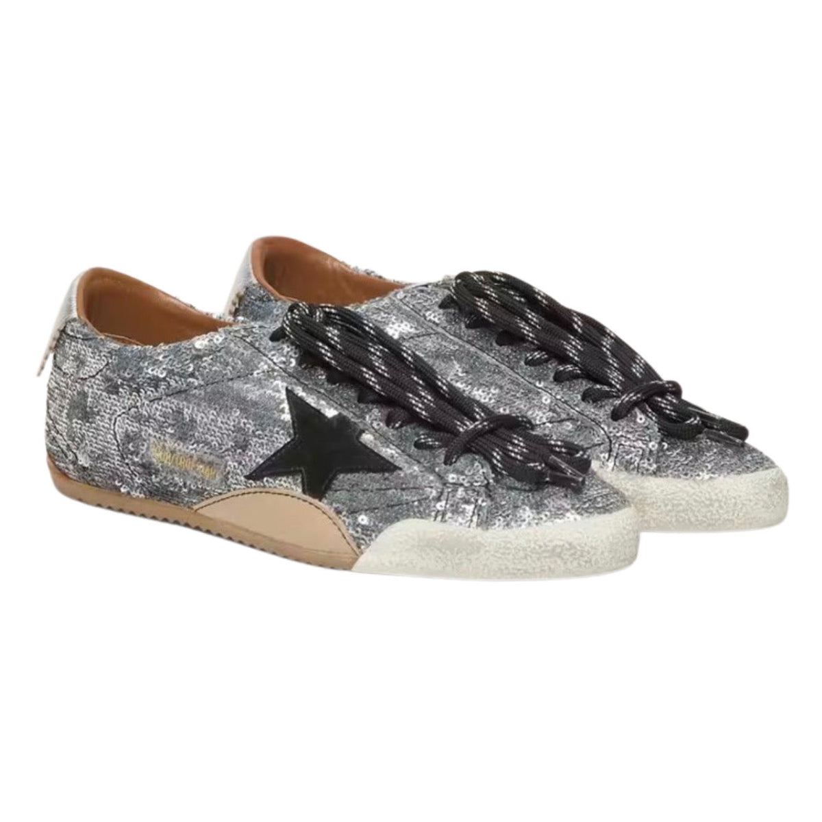 Golden Goose Women's True-Star in silver sequins with black star and silver leather heel tab